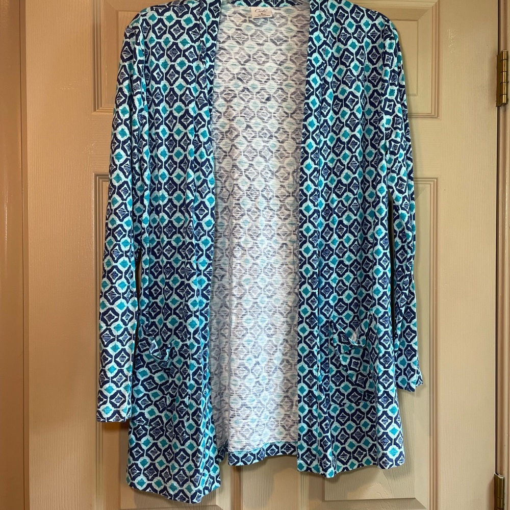 Cielo Blue Geometric Patterned Open-Front Cardigan w/Pockets, Size‎ Small